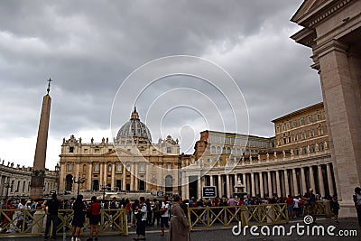 Vatican Obelisk, Maderno Fountain, BerniniÂ´s Colonnade and Saint PeterÂ´s Basilica on the Saint PeterÂ´s Square in the city of Ro Editorial Stock Photo